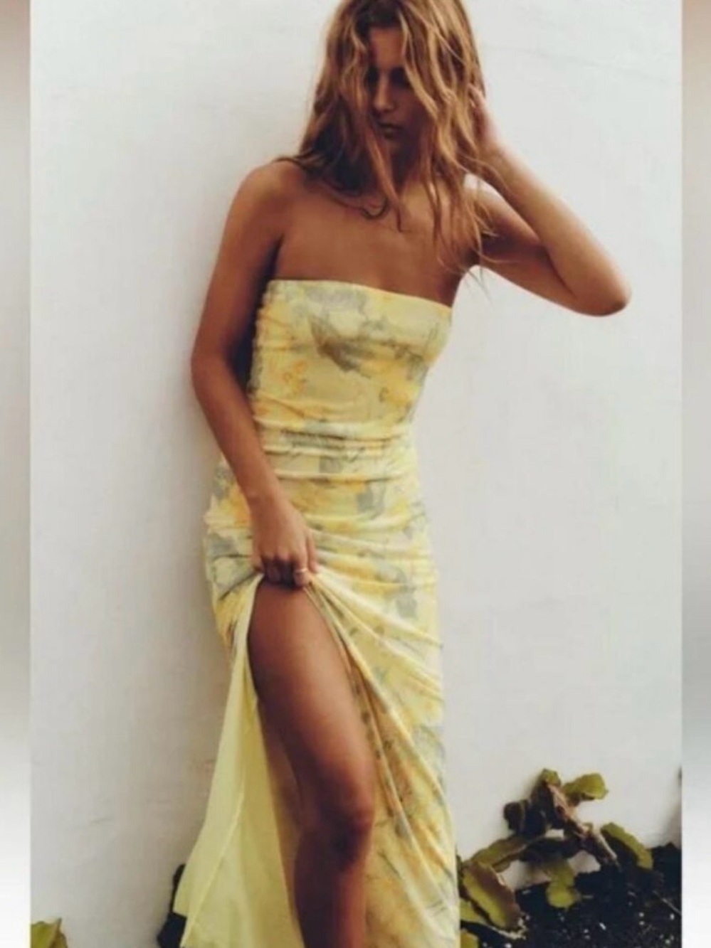 Zara Strapless Yellow Floral Dress with Side Slit